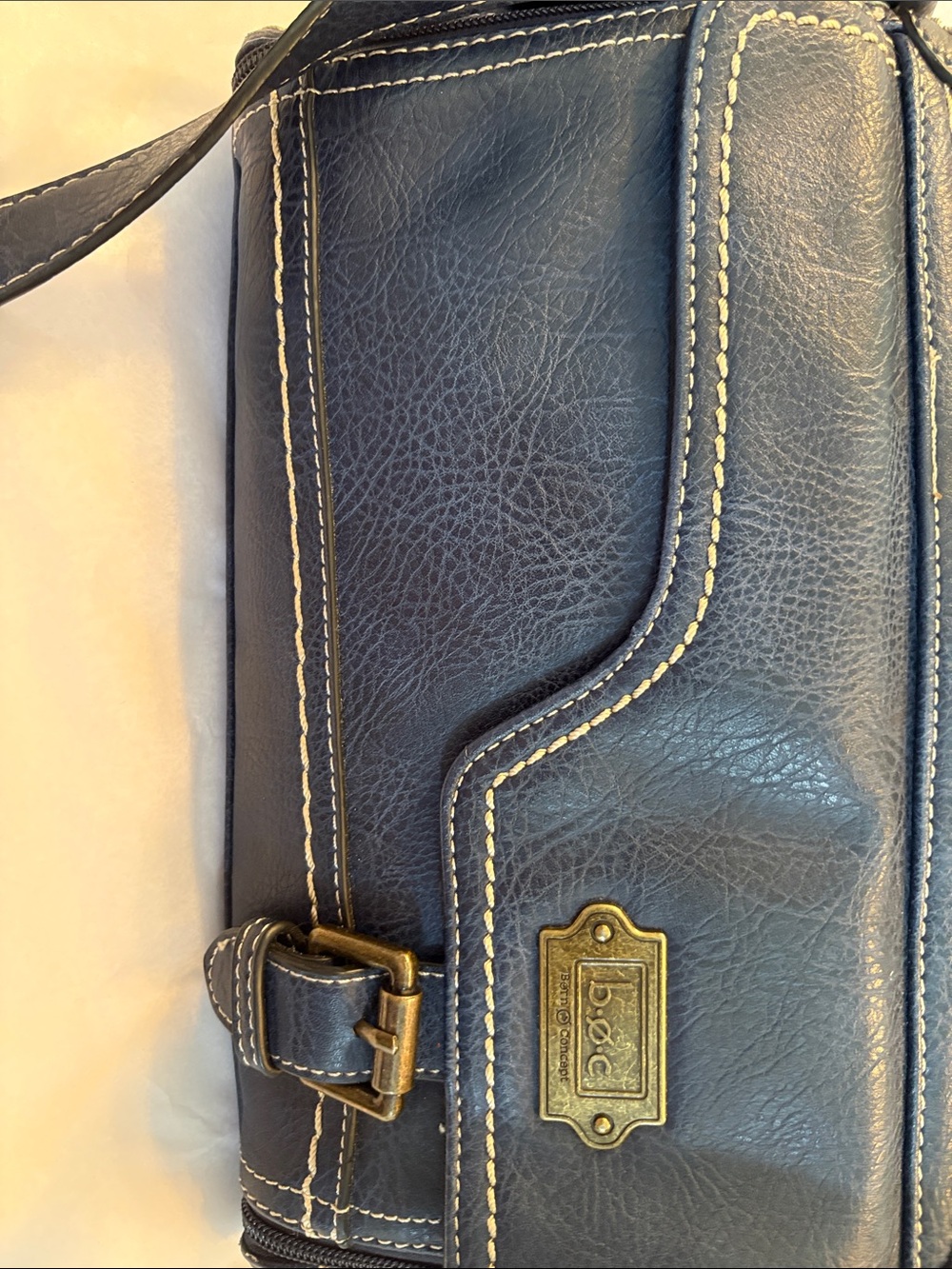 b.o.c. Navy Blue Leather Shoulder Bag with Brass Plaque